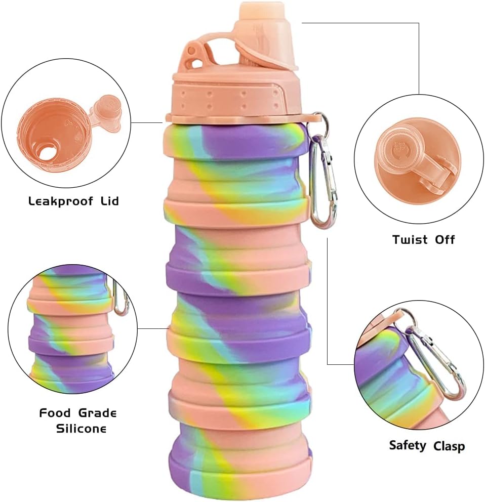 Collapsible Travel Bottles 2 Pack - Portable Hiking Bottles, Leak Proof 500ML, Reusable BPA Free Silicone (Pink+Rose Red) - Image 3